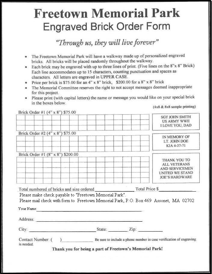 MEMORIAL PARK BRICK ORDER FORM